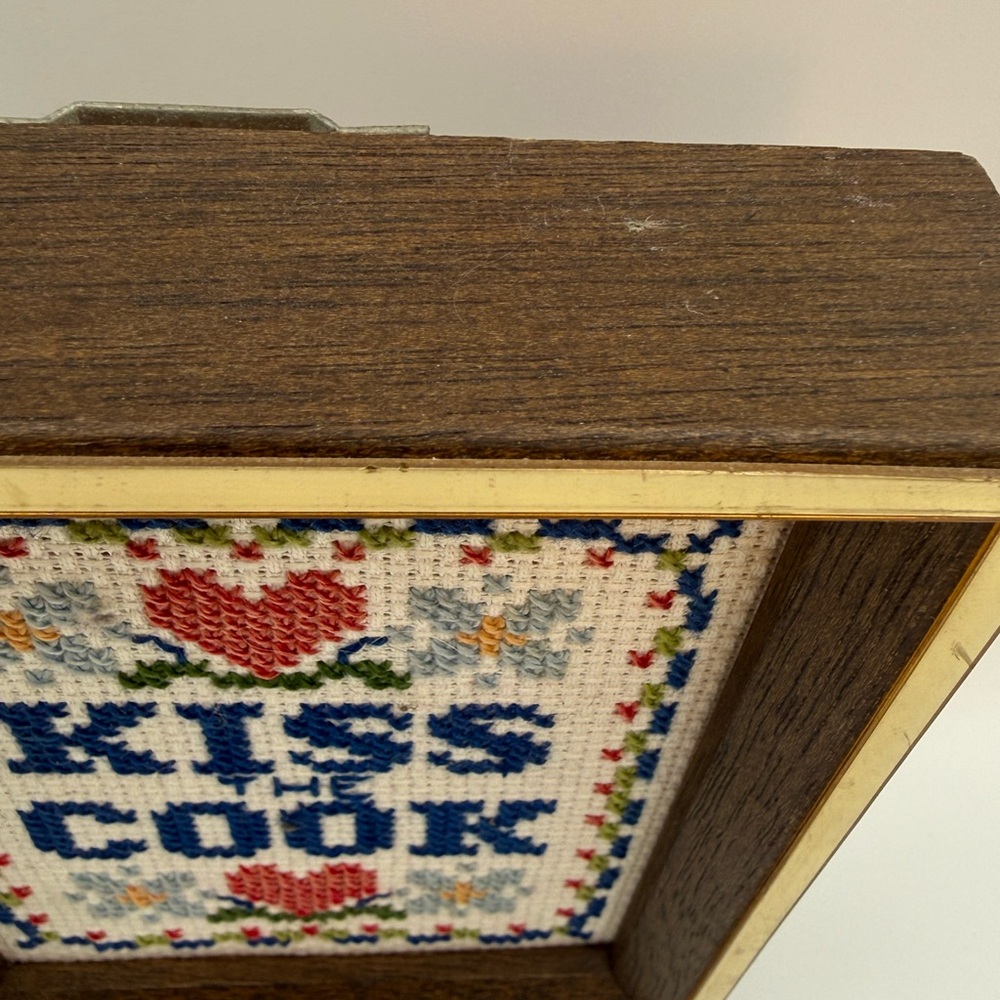Vtg Kiss the Cook Needlepoint Embroidery Small Framed Completed Wall Art 6x5” - Picture 3 of 10